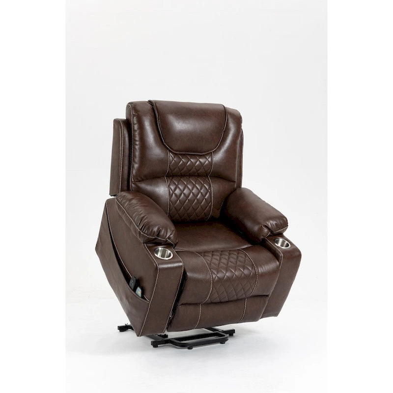 Fauteuil inclinable électrique en cuir marron – Massage, Chauffant & Porte-gobelets, 1 place