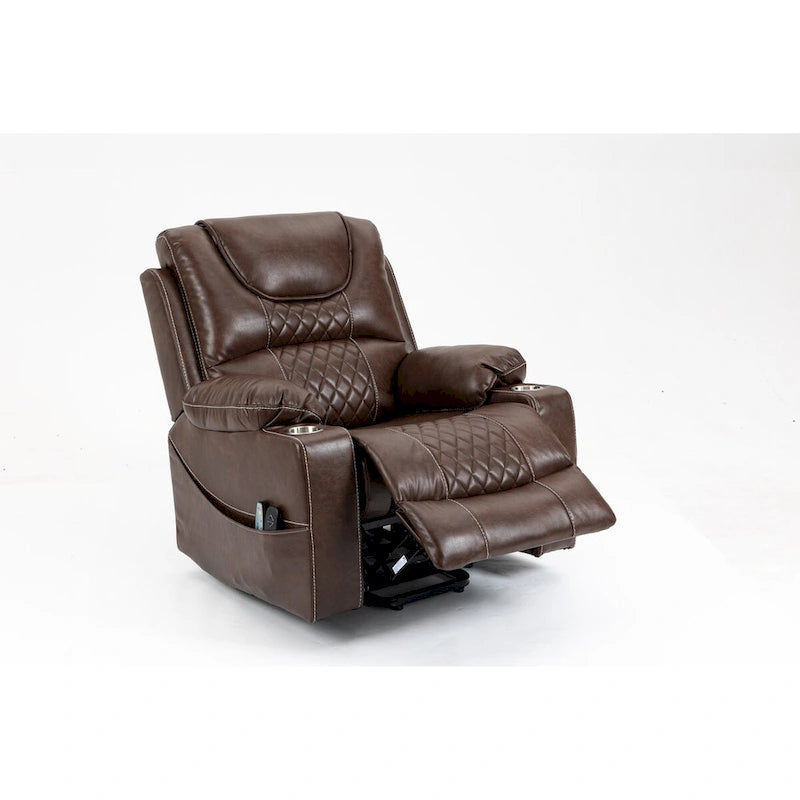 Fauteuil inclinable électrique en cuir marron – Massage, Chauffant & Porte-gobelets, 1 place