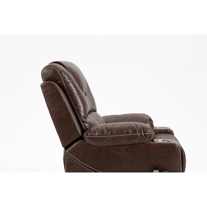 Fauteuil inclinable électrique en cuir marron – Massage, Chauffant & Porte-gobelets, 1 place
