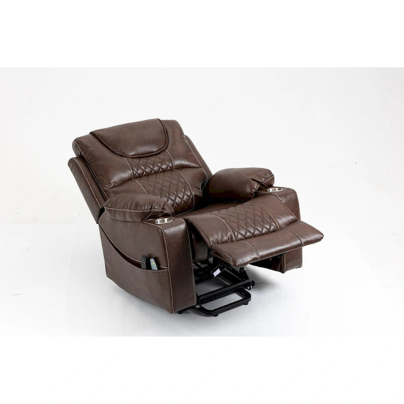 Fauteuil inclinable électrique en cuir marron – Massage, Chauffant & Porte-gobelets, 1 place