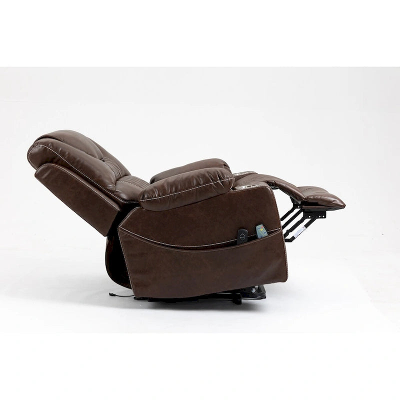 Fauteuil inclinable électrique en cuir marron – Massage, Chauffant & Porte-gobelets, 1 place