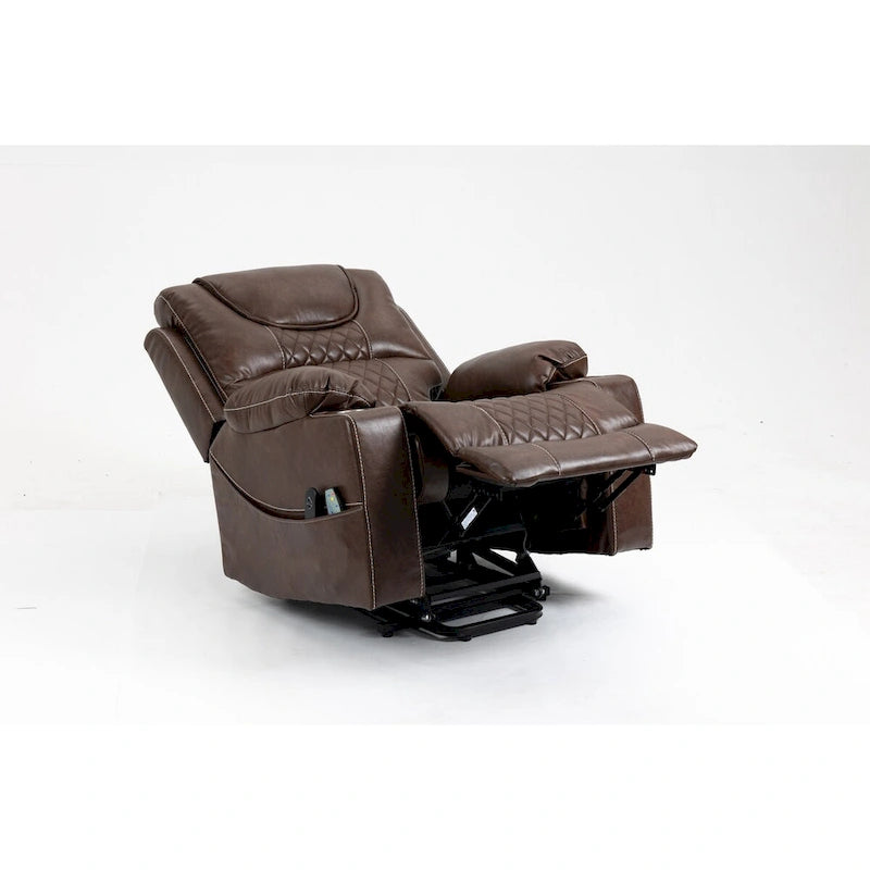 Fauteuil inclinable électrique en cuir marron – Massage, Chauffant & Porte-gobelets, 1 place