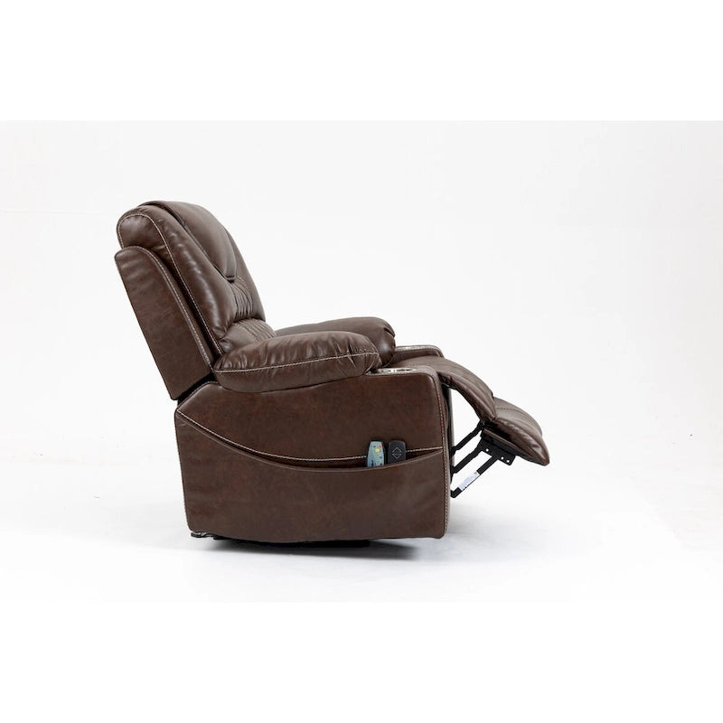 Fauteuil inclinable électrique en cuir marron – Massage, Chauffant & Porte-gobelets, 1 place