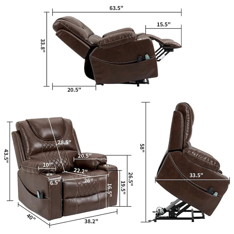 Fauteuil inclinable électrique en cuir marron – Massage, Chauffant & Porte-gobelets, 1 place