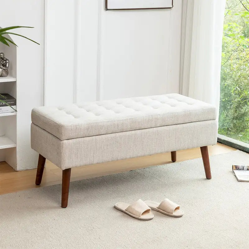 Banc de rangement capitonné en lin blanc cassé, 1 personne