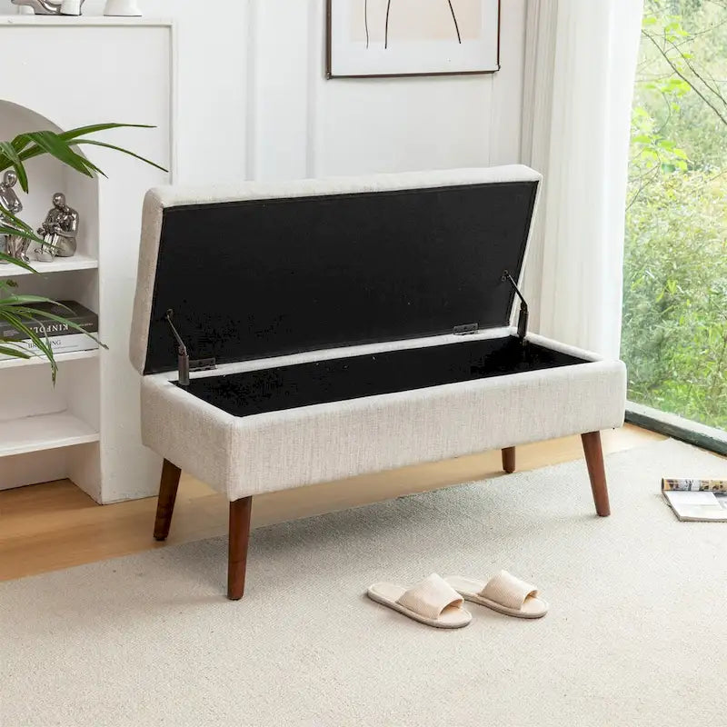 Banc de rangement capitonné en lin blanc cassé, 1 personne
