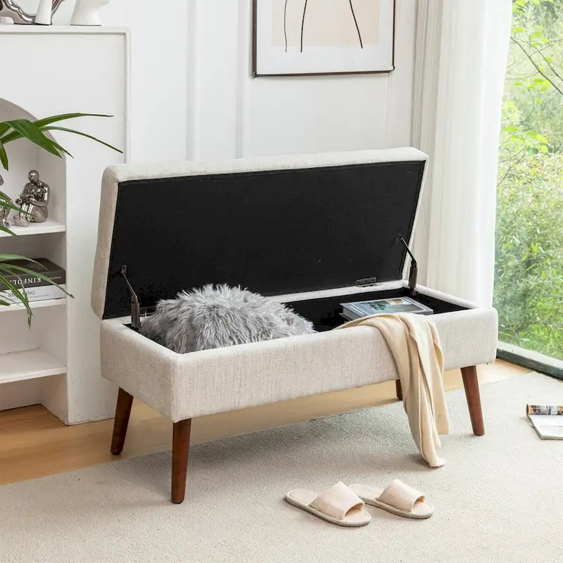 Banc de rangement capitonné en lin blanc cassé, 1 personne