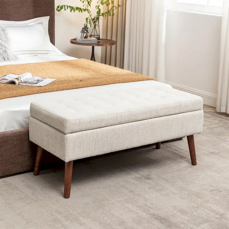 Banc de rangement capitonné en lin blanc cassé, 1 personne