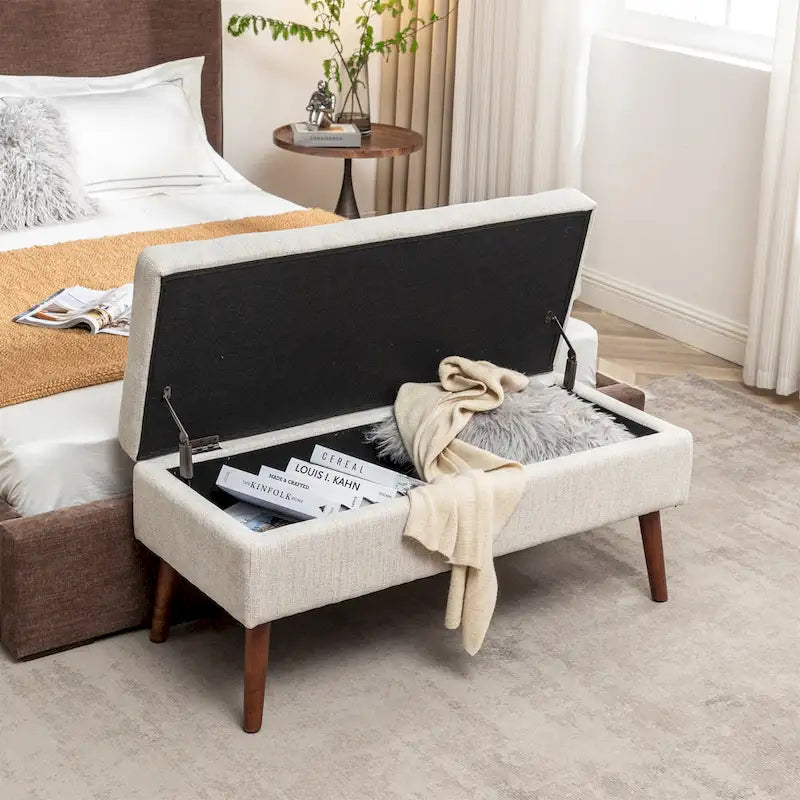 Banc de rangement capitonné en lin blanc cassé, 1 personne