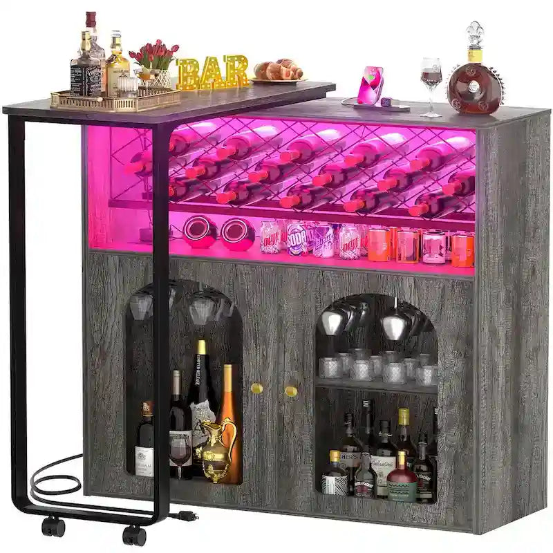 Table îlot de cuisine pliable en chêne blanc/gris, pour 2 personnes, avec armoire et port USB
