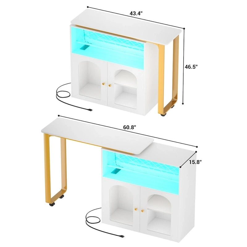 Table îlot de cuisine pliable en chêne blanc/gris, pour 2 personnes, avec armoire et port USB