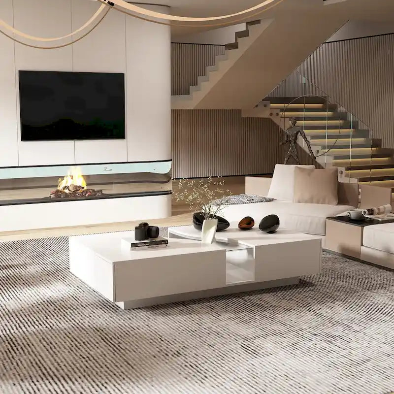 Table basse blanche moderne à 2 tiroirs avec éclairage LED – Plateau en verre, 2 places
