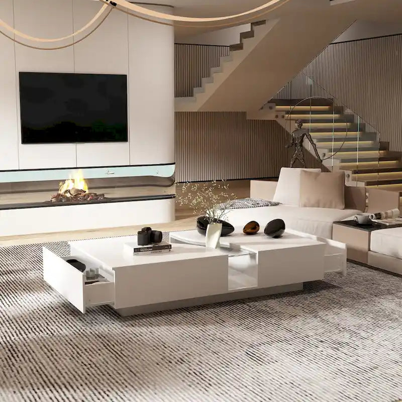 Table basse blanche moderne à 2 tiroirs avec éclairage LED – Plateau en verre, 2 places
