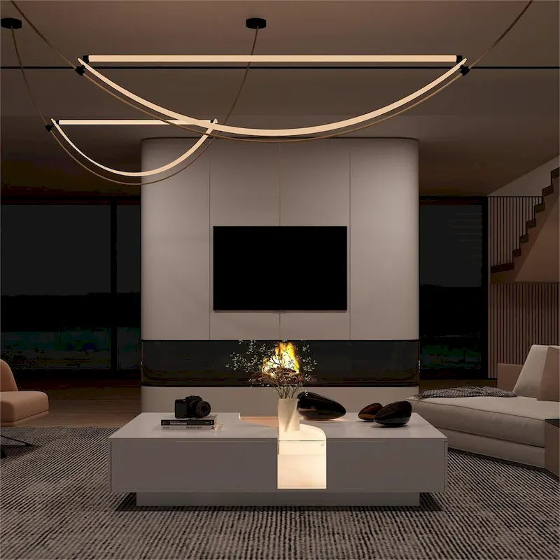 Table basse blanche moderne à 2 tiroirs avec éclairage LED – Plateau en verre, 2 places