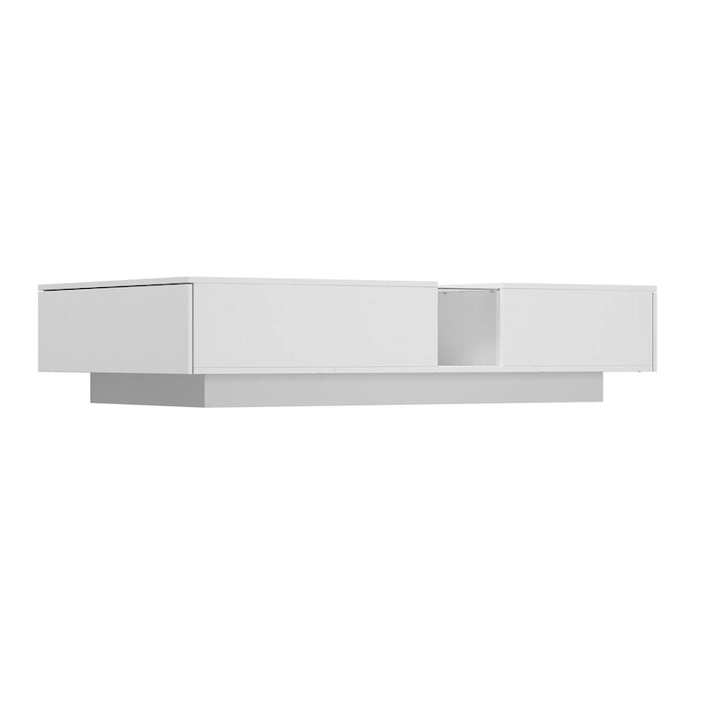 Table basse blanche moderne à 2 tiroirs avec éclairage LED – Plateau en verre, 2 places