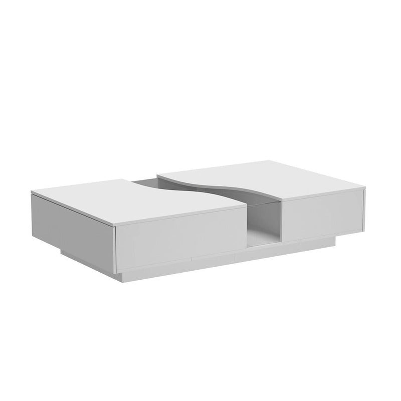 Table basse blanche moderne à 2 tiroirs avec éclairage LED – Plateau en verre, 2 places