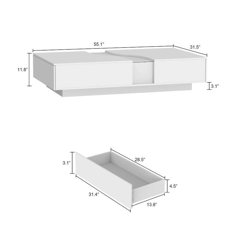 Table basse blanche moderne à 2 tiroirs avec éclairage LED – Plateau en verre, 2 places