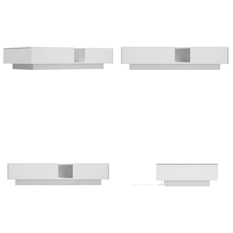 Table basse blanche moderne à 2 tiroirs avec éclairage LED – Plateau en verre, 2 places