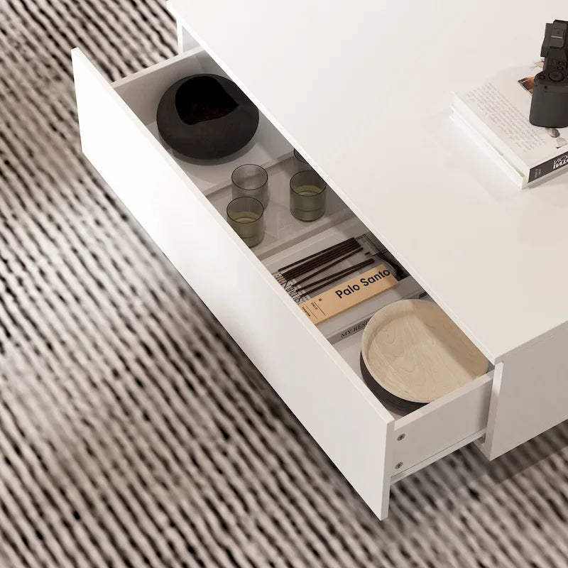 Table basse blanche moderne à 2 tiroirs avec éclairage LED – Plateau en verre, 2 places