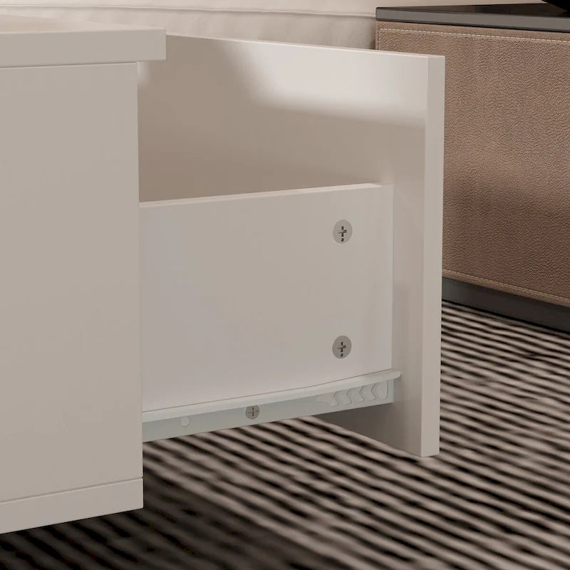 Table basse blanche moderne à 2 tiroirs avec éclairage LED – Plateau en verre, 2 places
