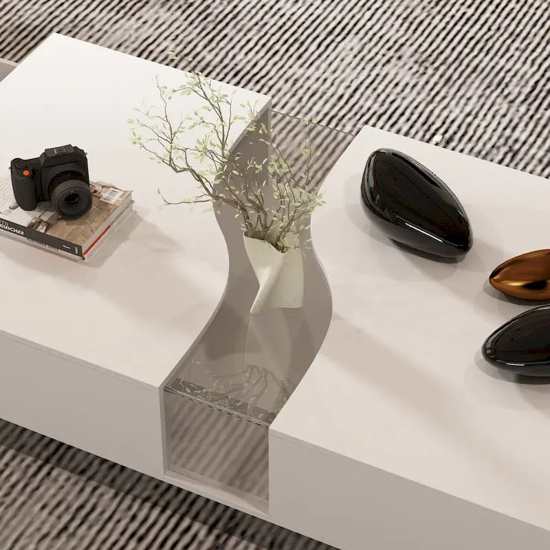 Table basse blanche moderne à 2 tiroirs avec éclairage LED – Plateau en verre, 2 places