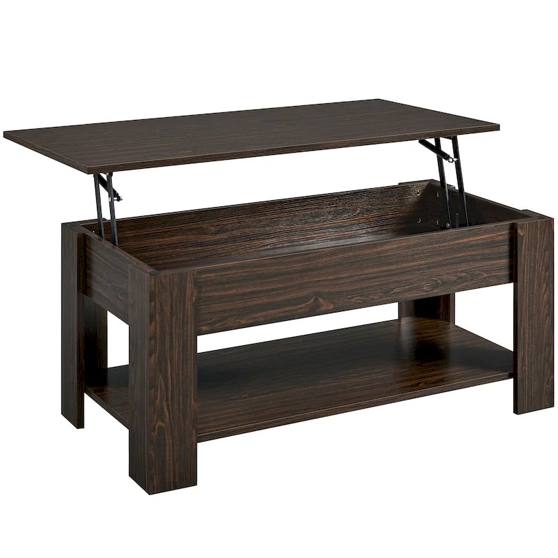 Table Basse Relevable avec Étagère de Rangement | Expresso / Marron / Blanc / Noir / Gris | Style Rustique | Pour 1-2