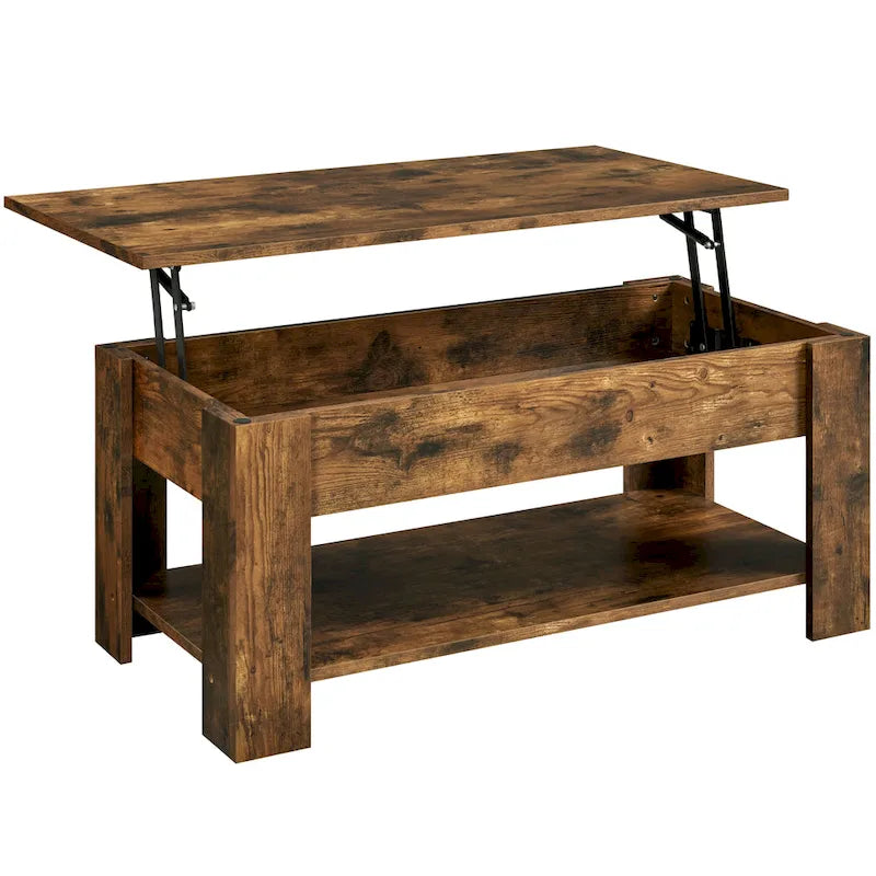 Table Basse Relevable avec Étagère de Rangement | Expresso / Marron / Blanc / Noir / Gris | Style Rustique | Pour 1-2
