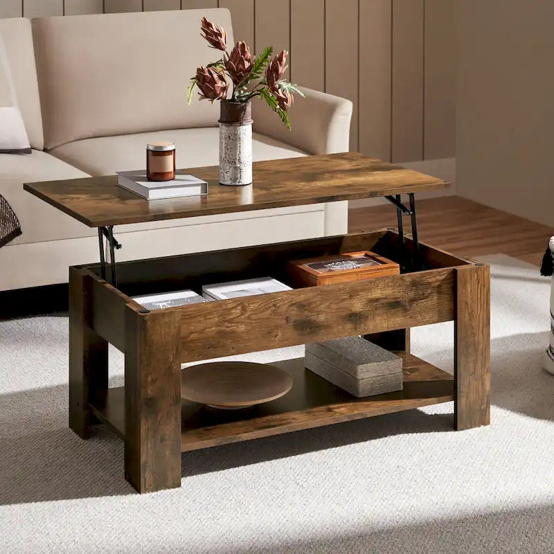 Table Basse Relevable avec Étagère de Rangement | Expresso / Marron / Blanc / Noir / Gris | Style Rustique | Pour 1-2