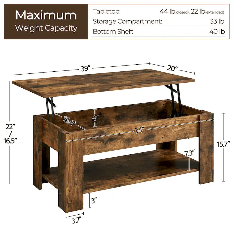Table Basse Relevable avec Étagère de Rangement | Expresso / Marron / Blanc / Noir / Gris | Style Rustique | Pour 1-2
