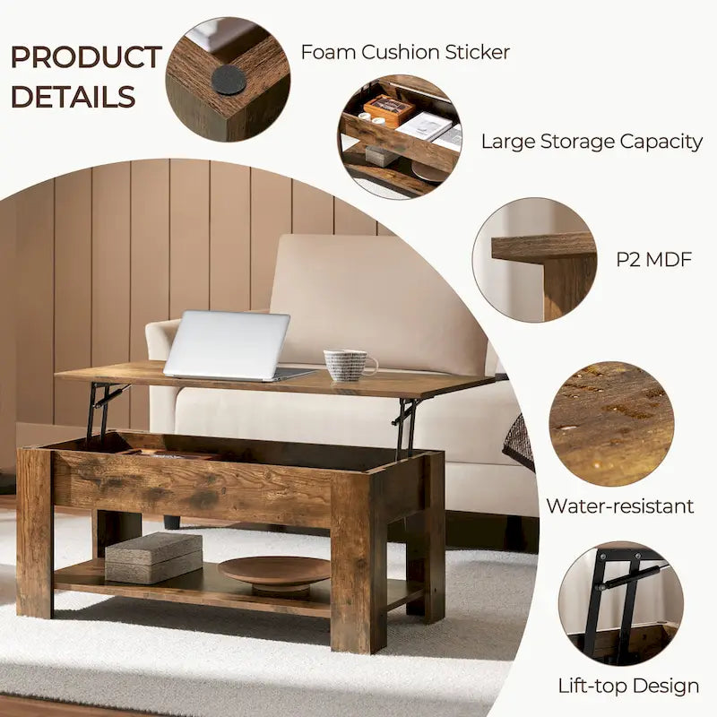 Table Basse Relevable avec Étagère de Rangement | Expresso / Marron / Blanc / Noir / Gris | Style Rustique | Pour 1-2