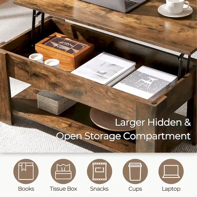 Table Basse Relevable avec Étagère de Rangement | Expresso / Marron / Blanc / Noir / Gris | Style Rustique | Pour 1-2