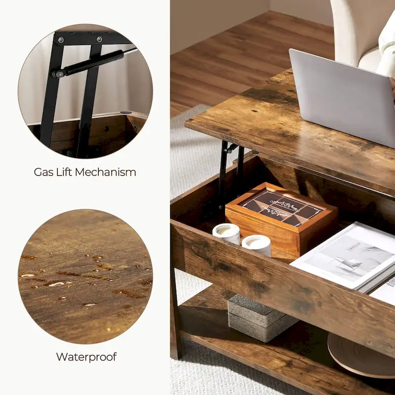 Table Basse Relevable avec Étagère de Rangement | Expresso / Marron / Blanc / Noir / Gris | Style Rustique | Pour 1-2