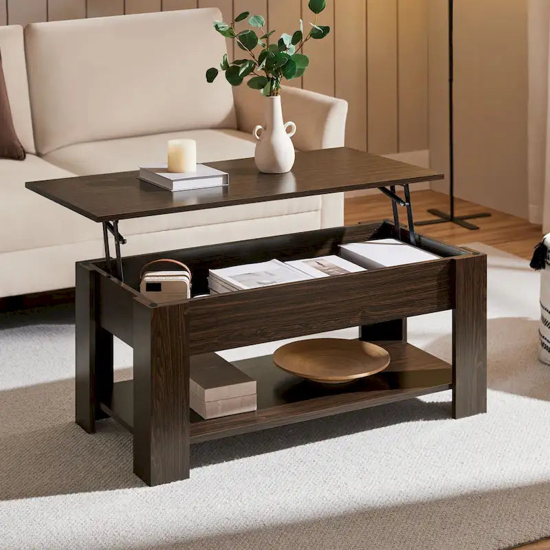 Table Basse Relevable avec Étagère de Rangement | Expresso / Marron / Blanc / Noir / Gris | Style Rustique | Pour 1-2