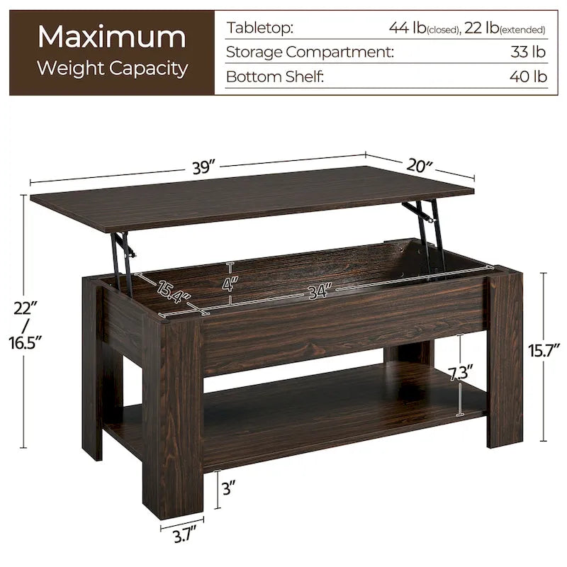 Table Basse Relevable avec Étagère de Rangement | Expresso / Marron / Blanc / Noir / Gris | Style Rustique | Pour 1-2