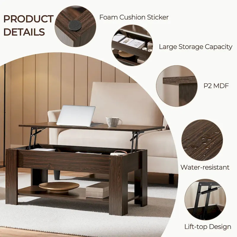 Table Basse Relevable avec Étagère de Rangement | Expresso / Marron / Blanc / Noir / Gris | Style Rustique | Pour 1-2