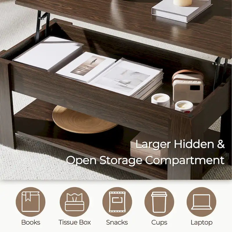 Table Basse Relevable avec Étagère de Rangement | Expresso / Marron / Blanc / Noir / Gris | Style Rustique | Pour 1-2