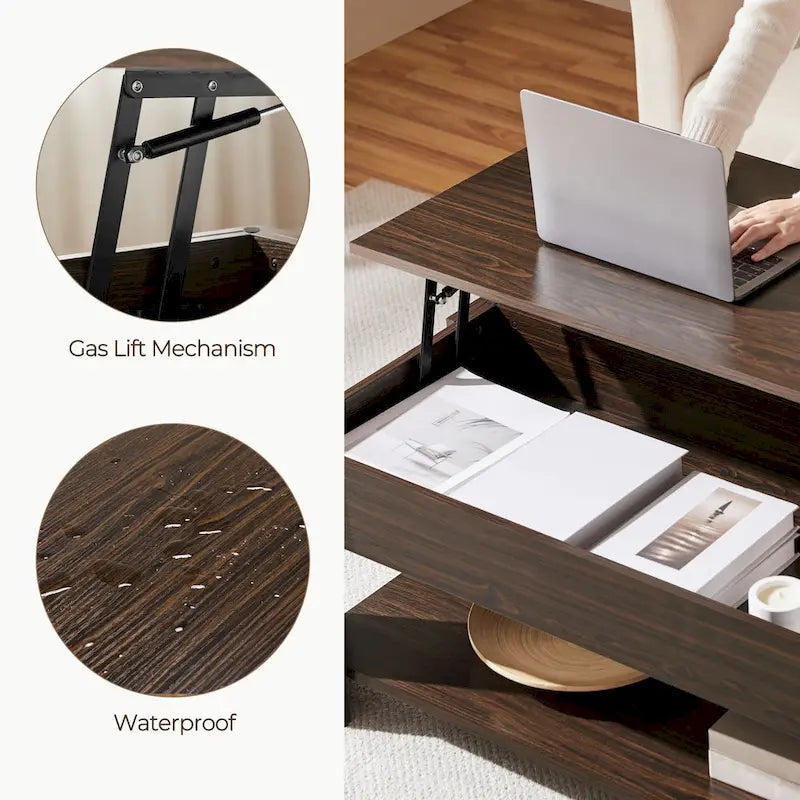 Table Basse Relevable avec Étagère de Rangement | Expresso / Marron / Blanc / Noir / Gris | Style Rustique | Pour 1-2
