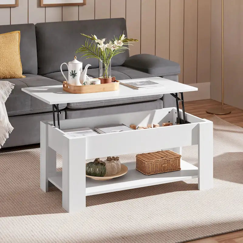 Table Basse Relevable avec Étagère de Rangement | Expresso / Marron / Blanc / Noir / Gris | Style Rustique | Pour 1-2