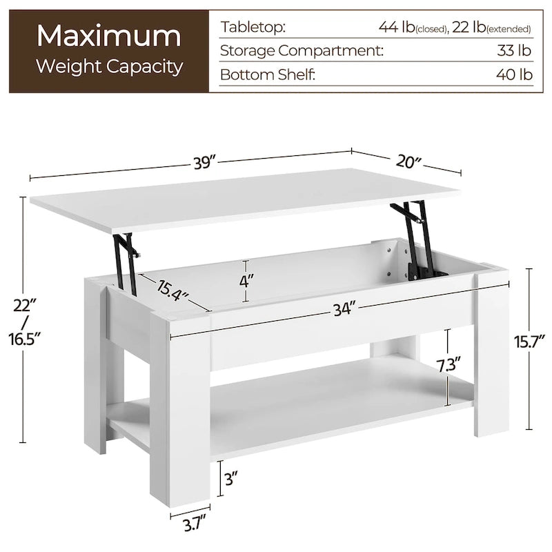 Table Basse Relevable avec Étagère de Rangement | Expresso / Marron / Blanc / Noir / Gris | Style Rustique | Pour 1-2