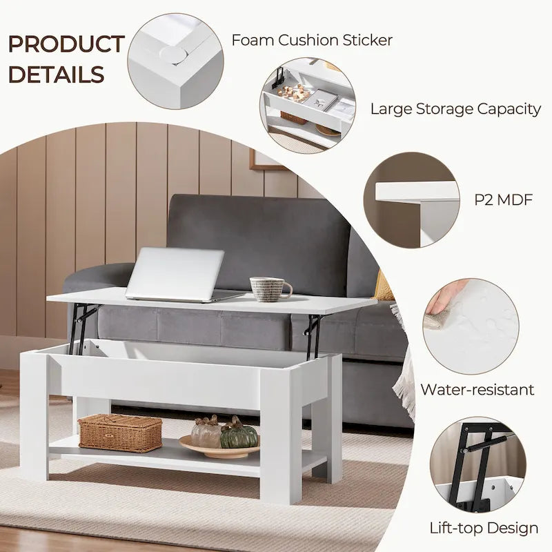 Table Basse Relevable avec Étagère de Rangement | Expresso / Marron / Blanc / Noir / Gris | Style Rustique | Pour 1-2
