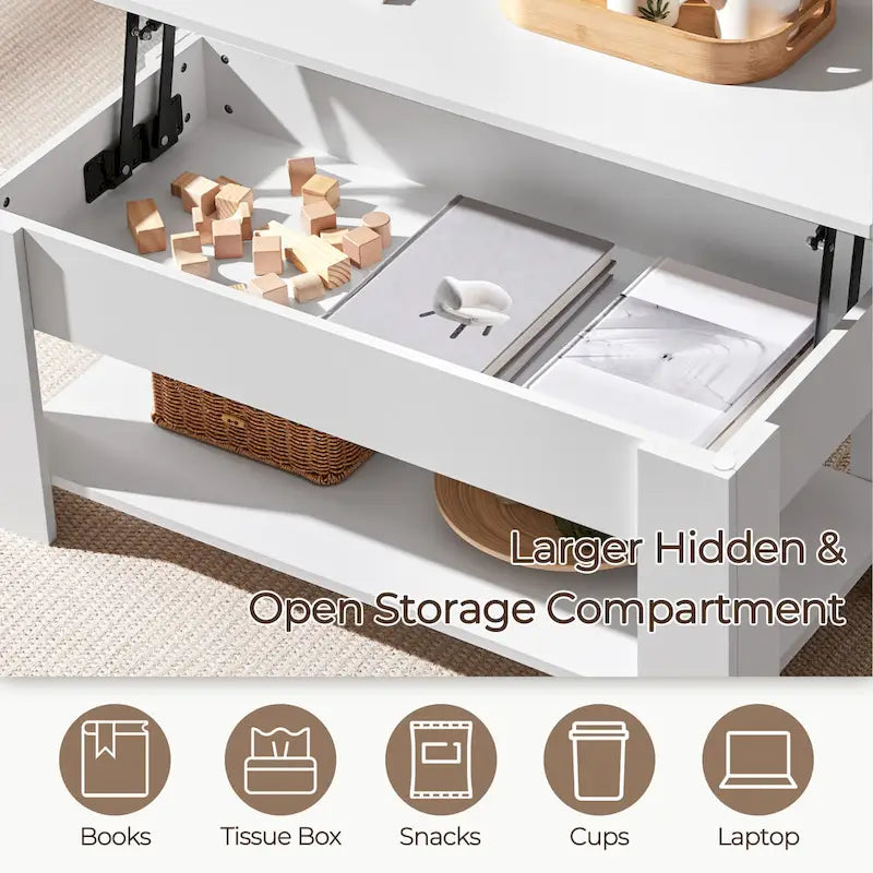 Table Basse Relevable avec Étagère de Rangement | Expresso / Marron / Blanc / Noir / Gris | Style Rustique | Pour 1-2