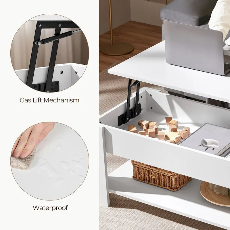 Table Basse Relevable avec Étagère de Rangement | Expresso / Marron / Blanc / Noir / Gris | Style Rustique | Pour 1-2