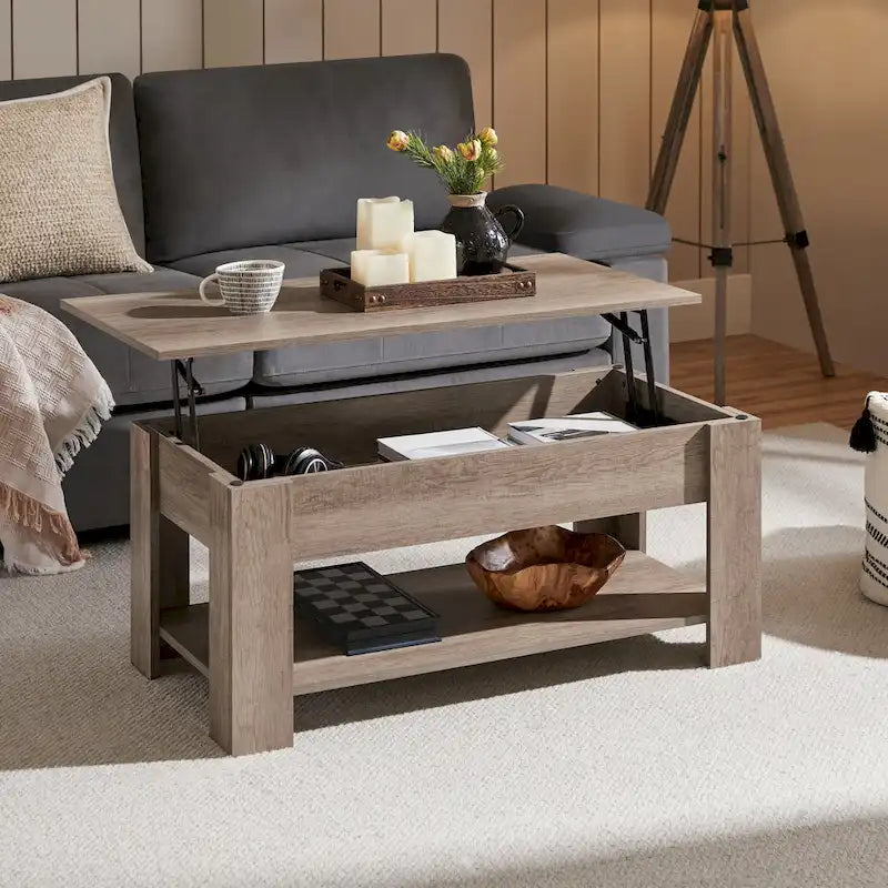 Table Basse Relevable avec Étagère de Rangement | Expresso / Marron / Blanc / Noir / Gris | Style Rustique | Pour 1-2