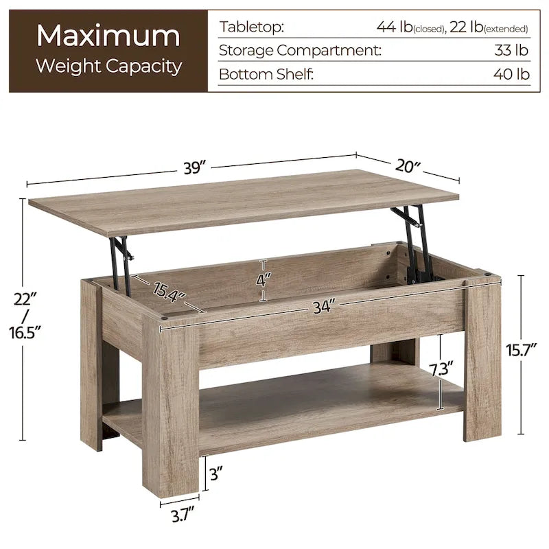 Table Basse Relevable avec Étagère de Rangement | Expresso / Marron / Blanc / Noir / Gris | Style Rustique | Pour 1-2