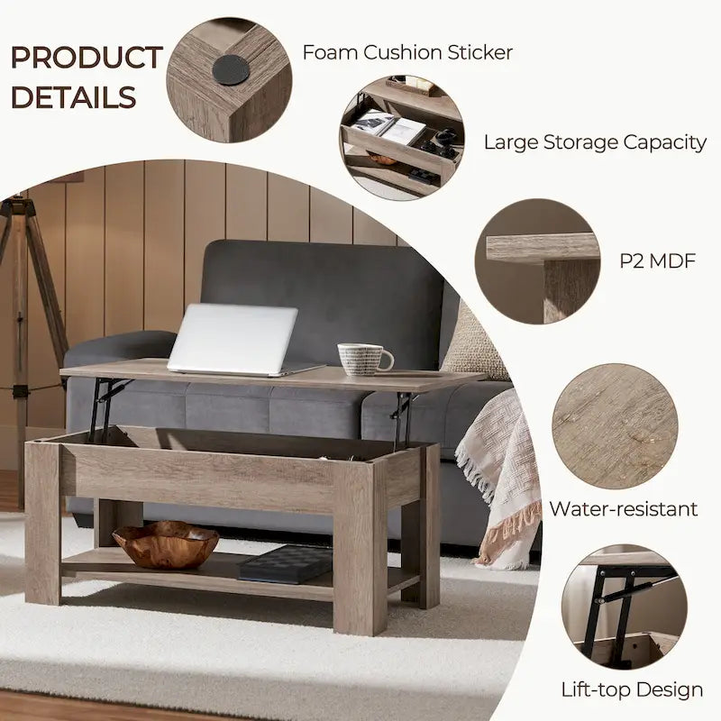 Table Basse Relevable avec Étagère de Rangement | Expresso / Marron / Blanc / Noir / Gris | Style Rustique | Pour 1-2
