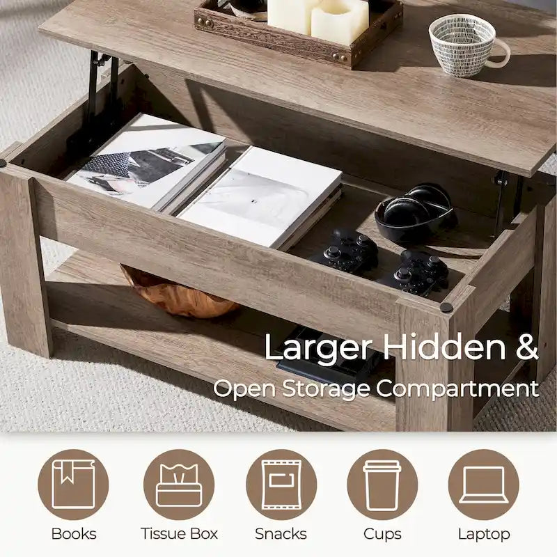 Table Basse Relevable avec Étagère de Rangement | Expresso / Marron / Blanc / Noir / Gris | Style Rustique | Pour 1-2