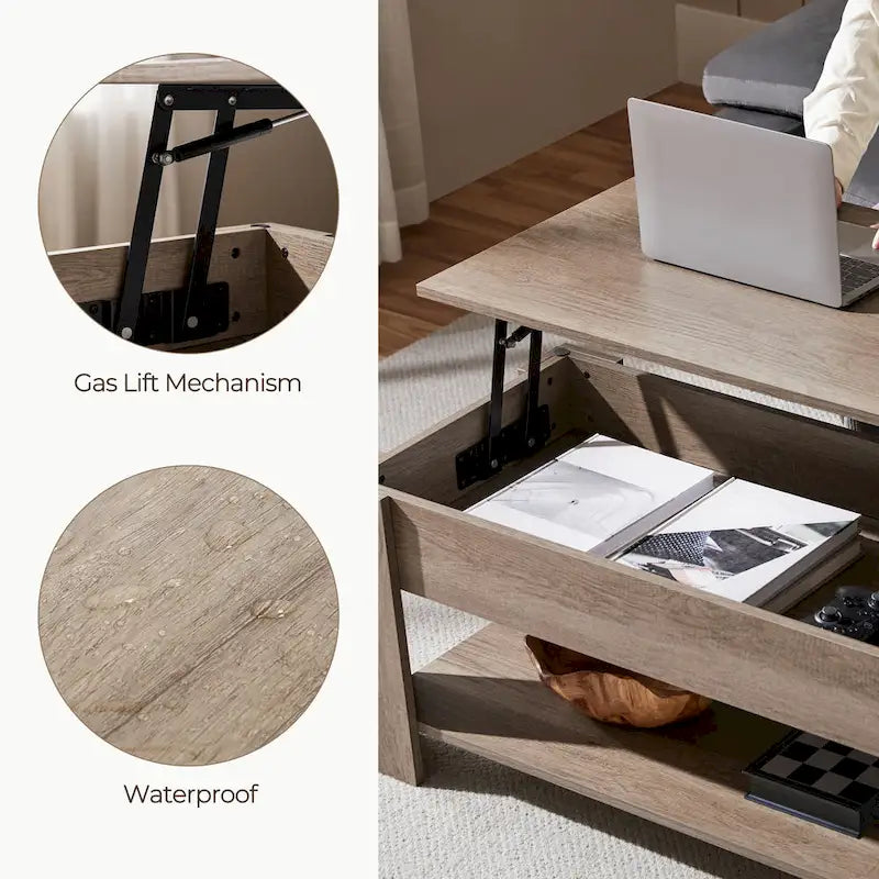 Table Basse Relevable avec Étagère de Rangement | Expresso / Marron / Blanc / Noir / Gris | Style Rustique | Pour 1-2
