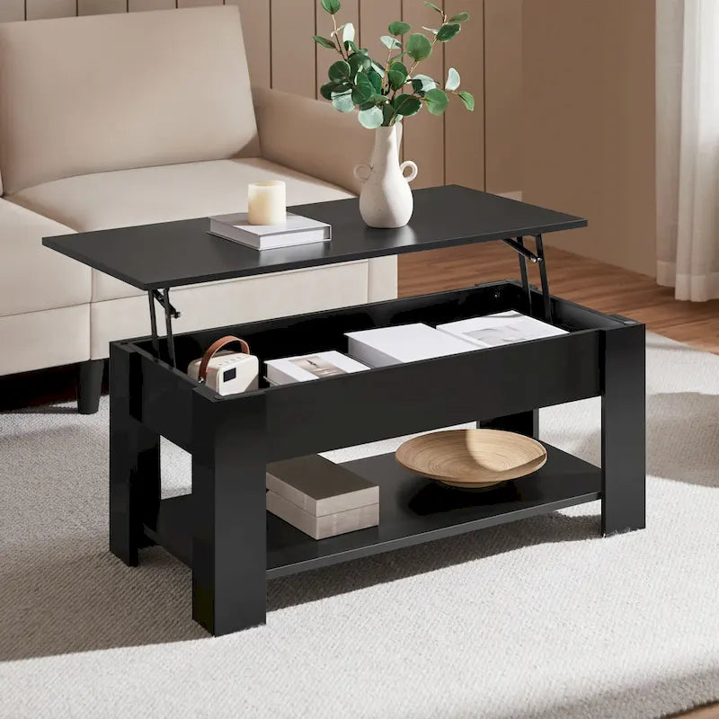 Table Basse Relevable avec Étagère de Rangement | Expresso / Marron / Blanc / Noir / Gris | Style Rustique | Pour 1-2