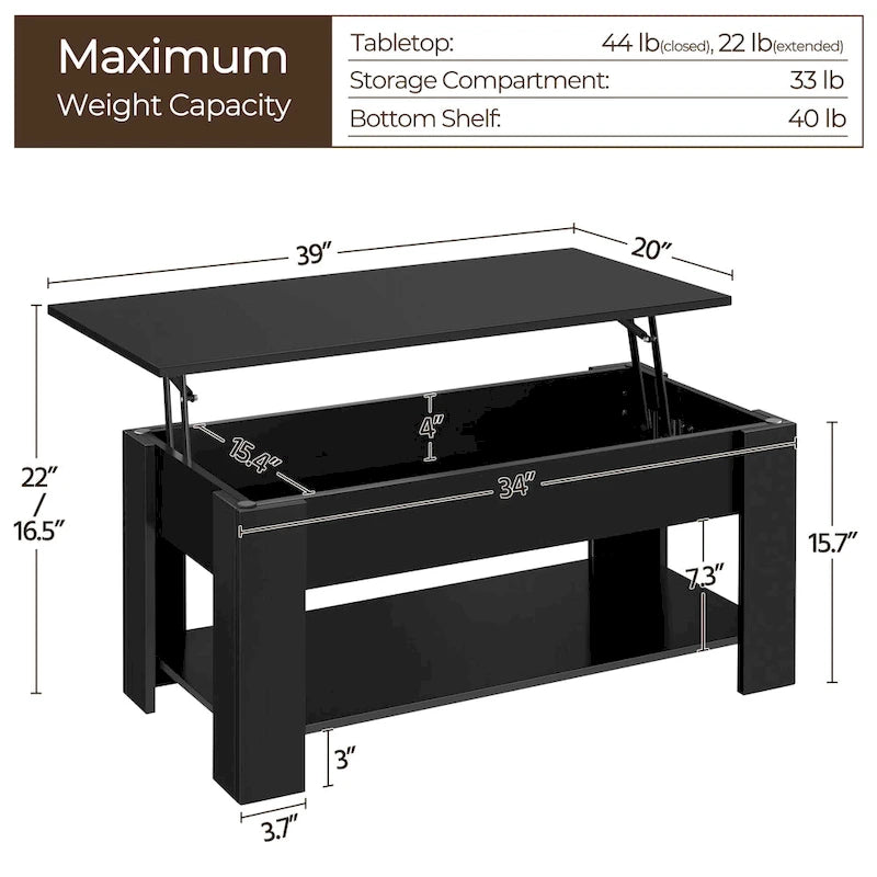 Table Basse Relevable avec Étagère de Rangement | Expresso / Marron / Blanc / Noir / Gris | Style Rustique | Pour 1-2