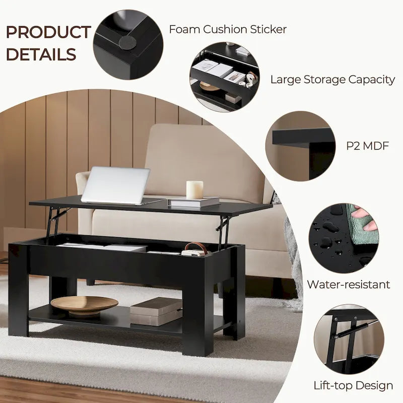 Table Basse Relevable avec Étagère de Rangement | Expresso / Marron / Blanc / Noir / Gris | Style Rustique | Pour 1-2